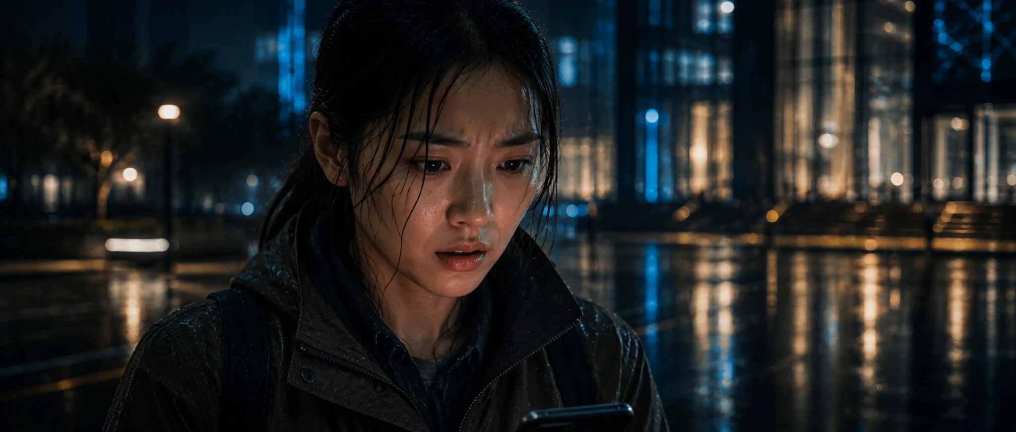 A character in the rain reacting to a signal failure on a mobile device