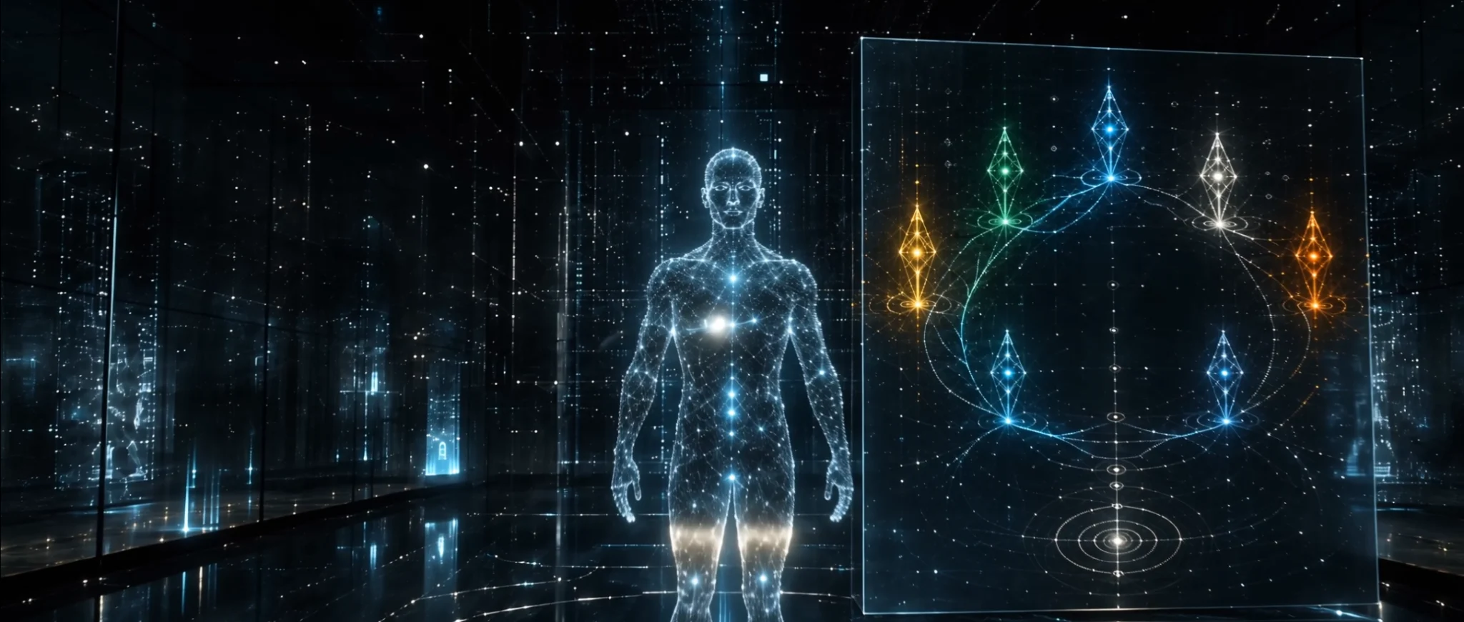 Zero in a luminous digital chamber beside a network diagram